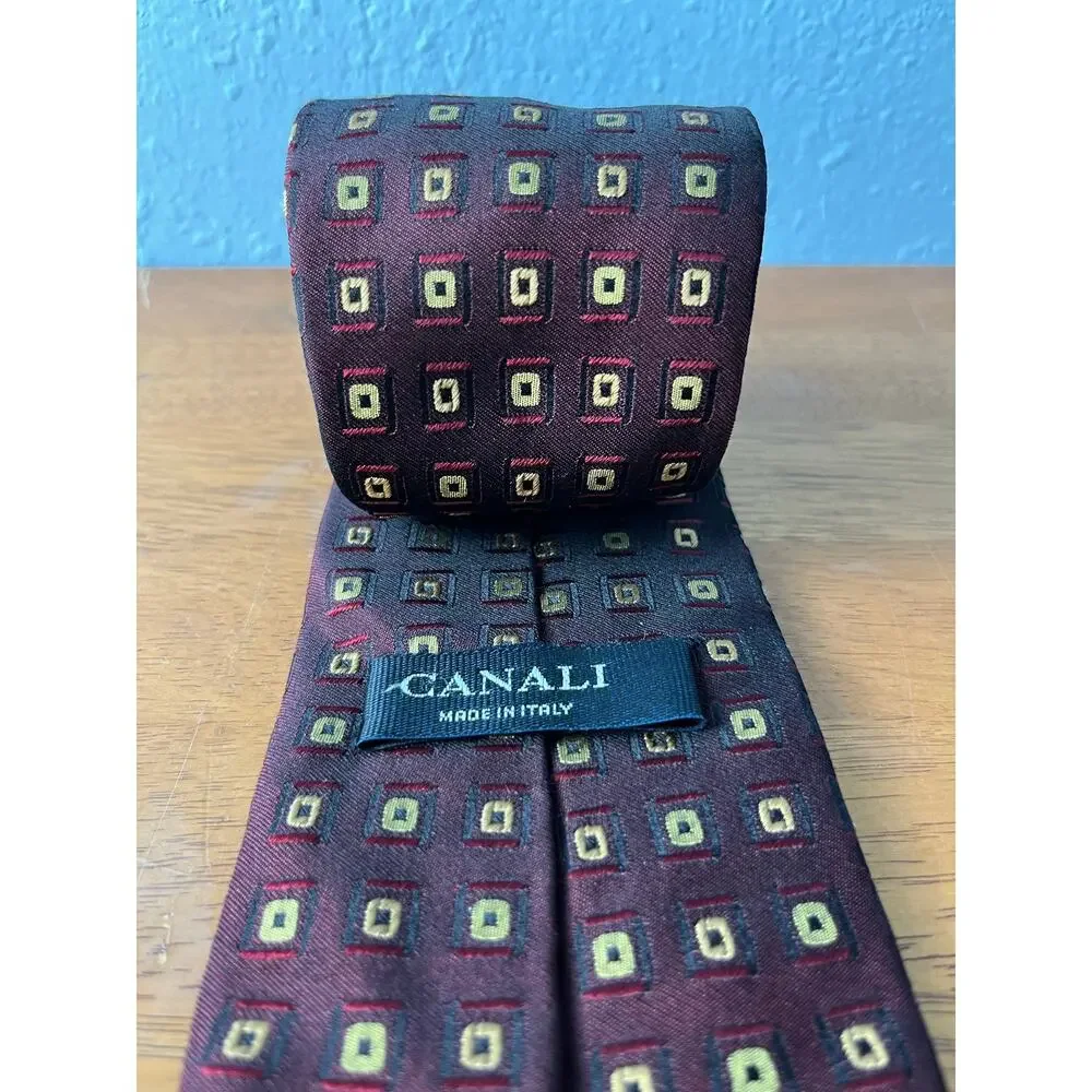 Canali Silk Necktie Italy Burgundy Geometric Square Academia Office 60”